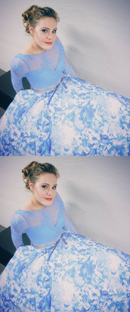 Two Piece Prom Dress With Long Sleeves, White Blue Printed Prom Dresses OKH51