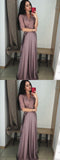 A Line V-Neck Half Sleeves Purple Long Prom Dresses with Lace Top OKF7