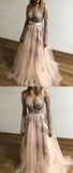 A Line Tulle Long Sleeves Appliques Cheap Prom Dress OKF61