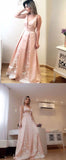 Elegant A Line Deep V Neck Long Satin Formal Evening Prom Dresses With Lace OKG2