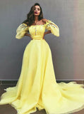 Chic A-Line Off-the-Shoulder Yellow Tulle Prom Dresses with Appliques OKE30