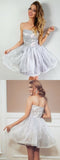 A Line Strapless Gray Short Organza Homecoming Party Dress with Lace Appliques OKE6