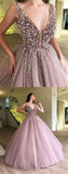 V-Neck Tulle Long Ball Gown Prom Dresses, Formal Evening Dress OKE20