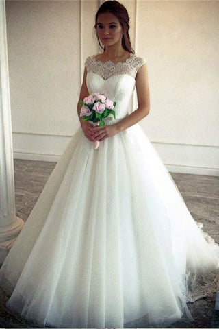 Princess Lace Top Cap Sleeves Tulle Simple Ball Gown Wedding Dresses OKD51