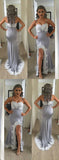 Mermaid Split Side Sexy Spaghetti Straps Lace Long Prom Dresses OKF12
