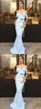 Mermaid Spaghetti Straps Light Blue Satin Long Prom Dresses with Ruffles OKF6