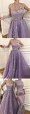 Long Sleeve  A-line Sparkly Star Lace Lilac Long Prom Dress OKG83