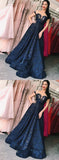 Lace A Line Dark Blue Long Prom Dresses,V Neck Evening Dresses OKE55