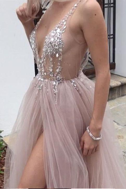 Dusty Pink A Line Tulle Prom Dresses, V Neck Long Graduation Dress with Rhinestone OKJ48