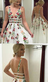 Cheap V Neck Prom Dresses Floor Length Formal Party Dresses with Appliques OKJ2