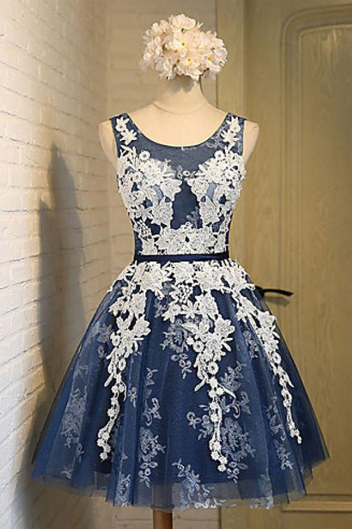 Scoop Homecoming Dress,Navy Blue Homecoming Dress,Short Prom Dresses,A line Homecoming Dress,Graduation Dress,Lace Up Back Homecoming Dresses,Appliques Homecoming Dresses