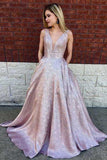 Simple A-Line Deep V-Neck Long Lilac Printed Satin Prom Dress with Pockets OKF35