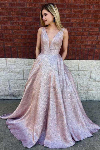 Simple A-Line Deep V-Neck Long Lilac Printed Satin Prom Dress with Pockets OKF35