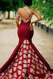 Charming Burgundy Mermaid Long Lace Appliqued Sleeveless Prom Dress OKG47