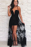 A Line Spaghetti Strap Black High Low Prom Dresses With Lace OKQ62