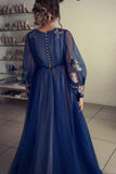 Charming A Line Long Sleeve Tulle Appliques Prom Dress Long Evening Dress OK1067