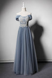 Elegant Gray Blue Tulle A-line Floor Length Prom Dresses Evening Dress OKV5