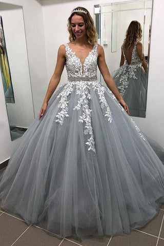 Gray V Neck Long Prom Dresses for Teens, Puffy Appliqued Ball Gown with Beading OKH75