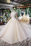 Off White High Neck Ball Gown Wedding Dress, Open Back Beaded Wedding Gown OKJ96