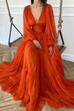 Long Sleeves A-line Deep V Neck Orange Simple Prom Dress Maxi Dress OKV98