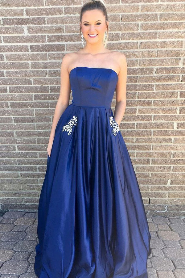 Simple A-Line Strapless Floor-Length Dark Blue Prom Dresses with Pockets Beading OKI98