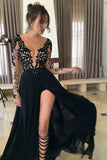 A-line Black Long Sleeve Chiffon Split Lace Prom Dress, Sexy Long Evening Dress OK149