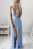 Sky Blue Chiffon Long V-Neck Spaghetti Straps Simple Prom Dresses OKD72