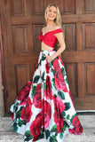 Two Piece Off-the-Shoulder Floor-Length Red Floral Prom Dresses with Pockets OKI96