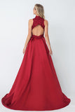Cheap A-line Red High Neck Applique Satin Long Prom Dress,Evening Dresses OKA67