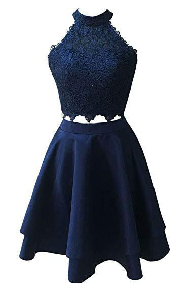 Two Piece Dark Blue Short Homecoming Dresses with Lace, A Line Satin Graduation Dress OKM55