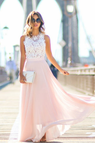Modest Chiffon A Line Long Prom Dress,Blush Pink White Lace Evening Dresses OK156