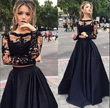 Two Piece Black A Line Lace Top Long Sleeves Formal Prom Dresses OK729