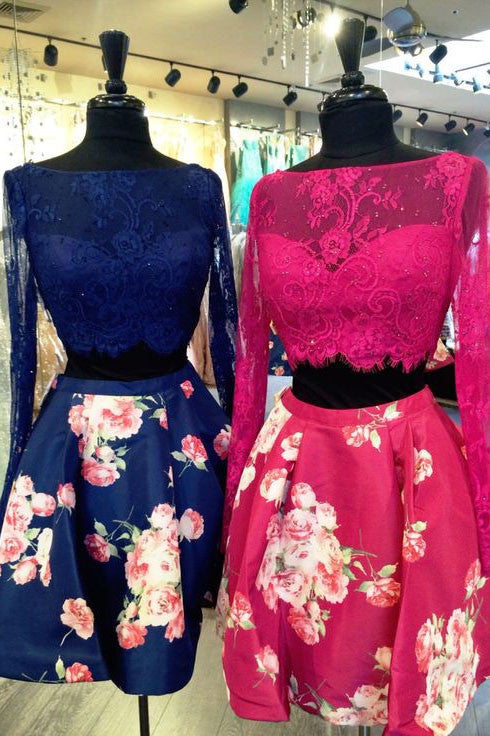Sexy Homecoming Dresses,Two Pieces Homecoming Dresses,Floral Homecoming Dresses,Long Sleeves Prom Dresses,Royal Blue Homecoming Dresses,Lace Prom Dresses,Short Prom Dresses