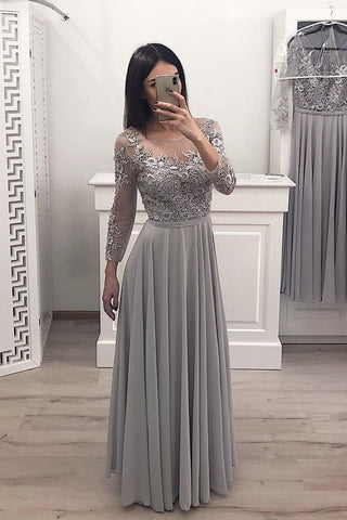 A Line Gray Chiffon Long Sleeves Prom Dress, Cheap Appliques Evening Gown OKI12
