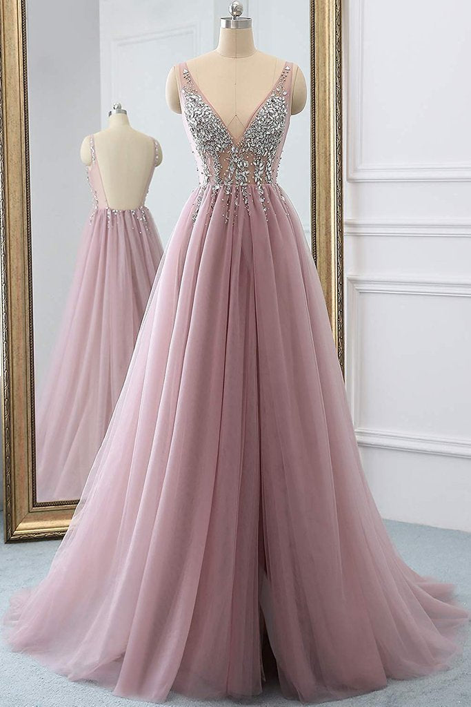 Dusty Pink A Line Tulle Prom Dresses, V Neck Long Graduation Dress with Rhinestone OKJ48