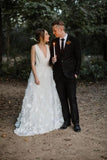 A Line V Neck Floor Length Wedding Dress Ivory Lace Appliques Bridal Dress OK1055