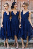 Navy Blue/Pink Deep V-neck Spaghetti Straps Sleeveless Asymmetry Lace A-line Bridesmaid Dresses OK236