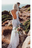 Long Sleeve Lace V Neck Backless Mermaid Boho Wedding Dress,Beach Wedding Gown OKH77