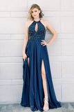 Halter Beaded Navy Blue Long Prom Dress with Slit Elegant Formal Party Dress OK7