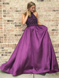 Halter Purple Long Satin Prom Dress Beaded Junior Evening Gown New OKI6