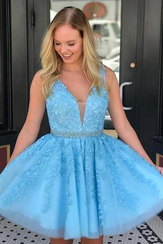 Blue Appliques Beaded Sleeveless A Line Tulle Short Homecoming Dress OKO78