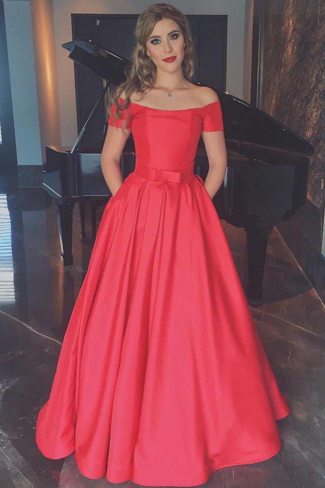 Elegant Coral Prom Dresses ,Short Sleeves Ball Gown Prom Dress With Pocket,Off the Shoulder Sexy Cheap Prom Gowns,Watermelon Long Evening Gowns,Communication Dress,Quinceanera Dresses,Graduation Dress