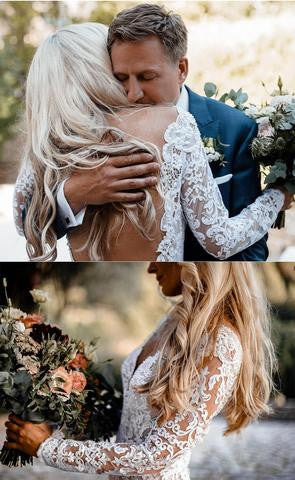 Long Sleeve Lace V Neck Backless Mermaid Boho Wedding Dress,Beach Wedding Gown OKH77