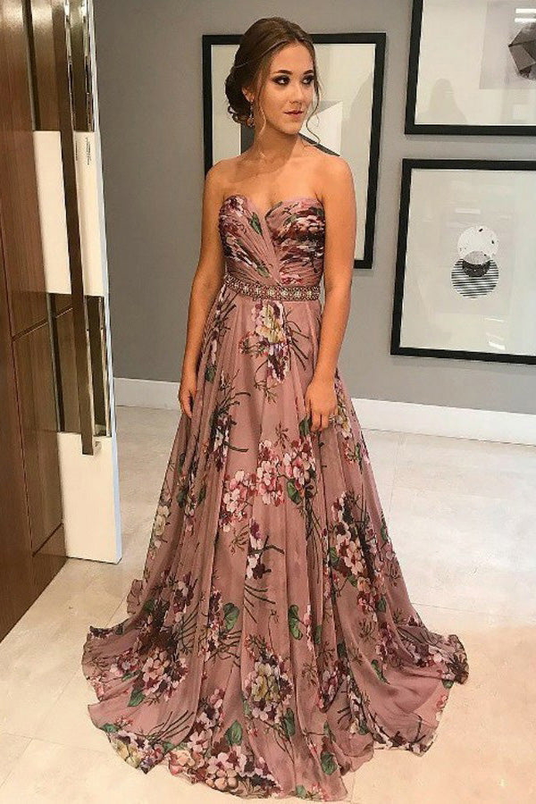 Sweetheart Prom Dresses,Floral Prom Gown,Printed Prom Dress,Beading Prom Dress
