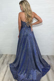 Deep V Neck Sparkly Long Sexy Prom Dress With Slit Spaghetti Straps Formal Dress OKS9