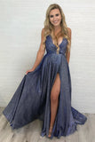 Deep V Neck Sparkly Long Sexy Prom Dress With Slit Spaghetti Straps Formal Dress OKS9