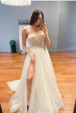 High Split Tulle Bridal Dress with Strapless Bodice A Line Elegant Wedding Dress OK1288