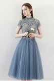 Blue A Line Tulle Short Sleeves High Neck Appliques Homecoming Dress OKC5