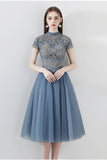 Blue A Line Tulle Short Sleeves High Neck Appliques Homecoming Dresses OKC4