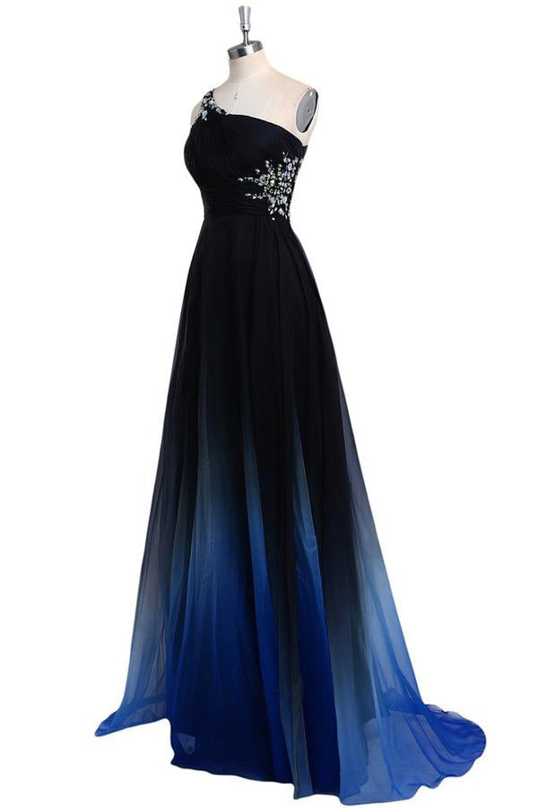 Ombre Prom Dresses,Chiffon Prom Gown,One Shoulder Prom Dress,Beading Prom Dress